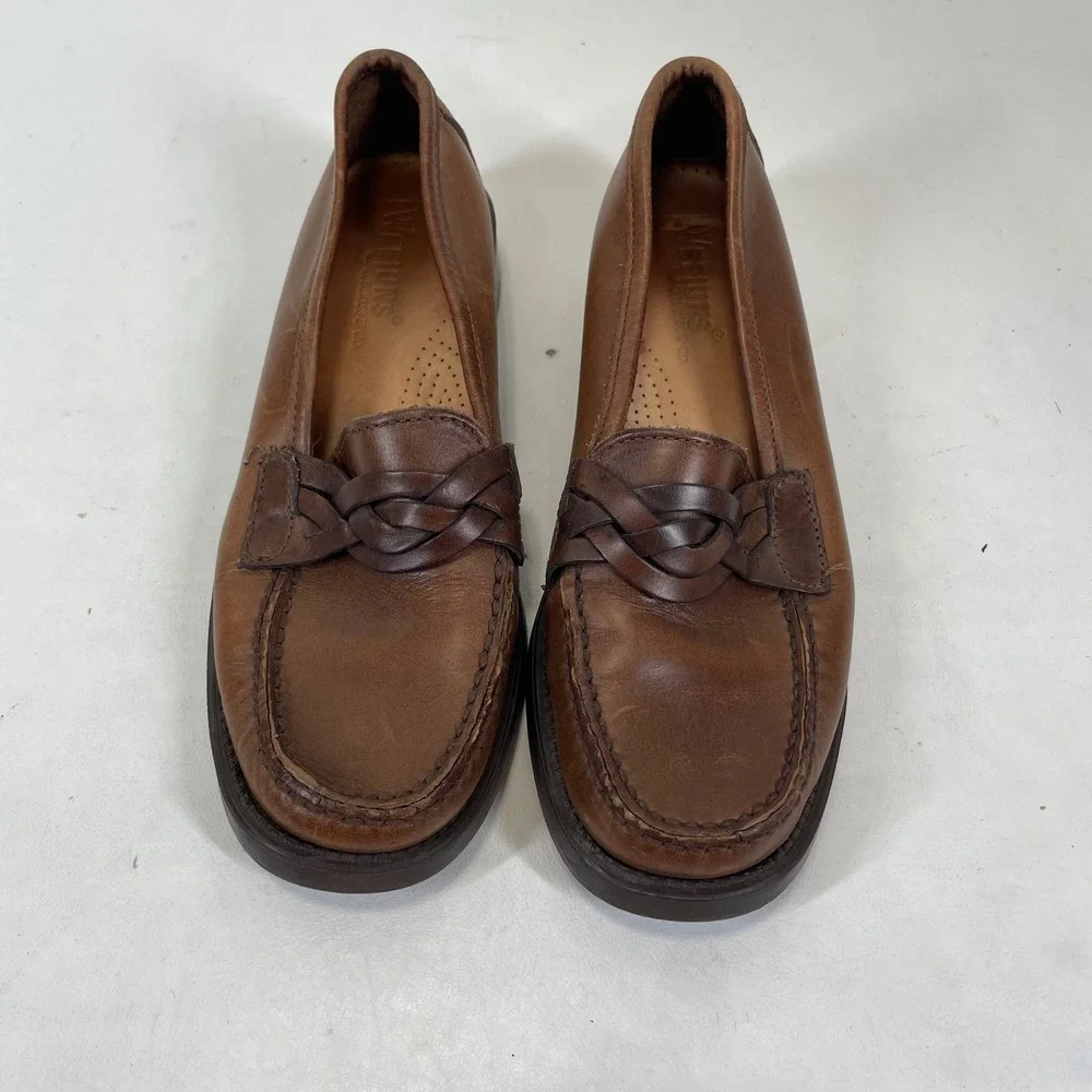 GH Bass Weejuns Mens 6 Brown Leather Braided Strap Moc Toe Loafers Shoes